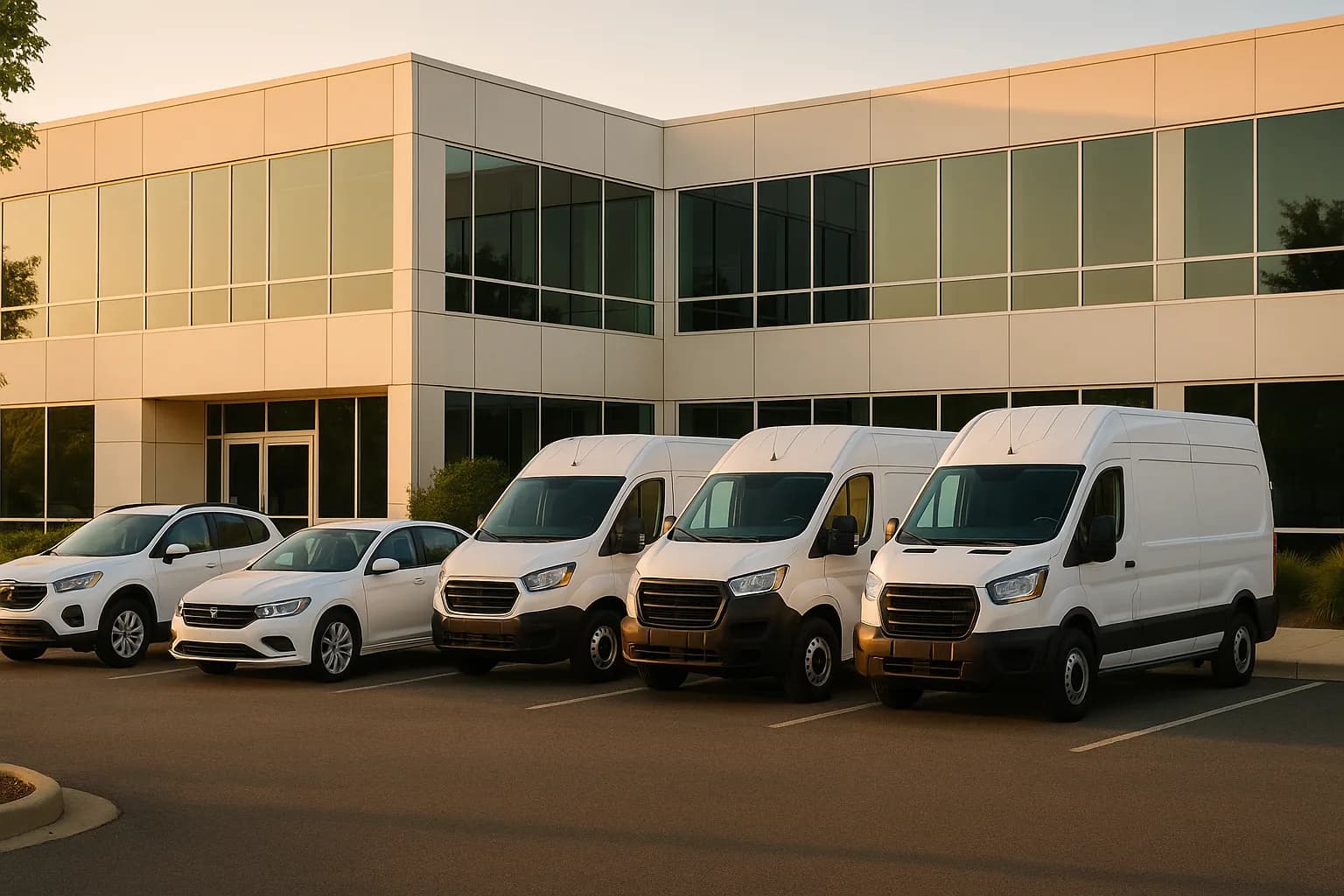 OmniLab Diagnostics branded fleet parked outside the office at golden hour